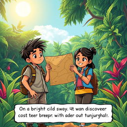 Wide Shot of two kids, Arjun and Maya, standing outside a dense, lush jungle, with vibrant greenery and exotic plants surrounding them