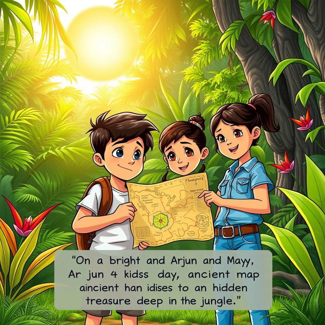 Wide Shot of two kids, Arjun and Maya, standing outside a dense, lush jungle, with vibrant greenery and exotic plants surrounding them