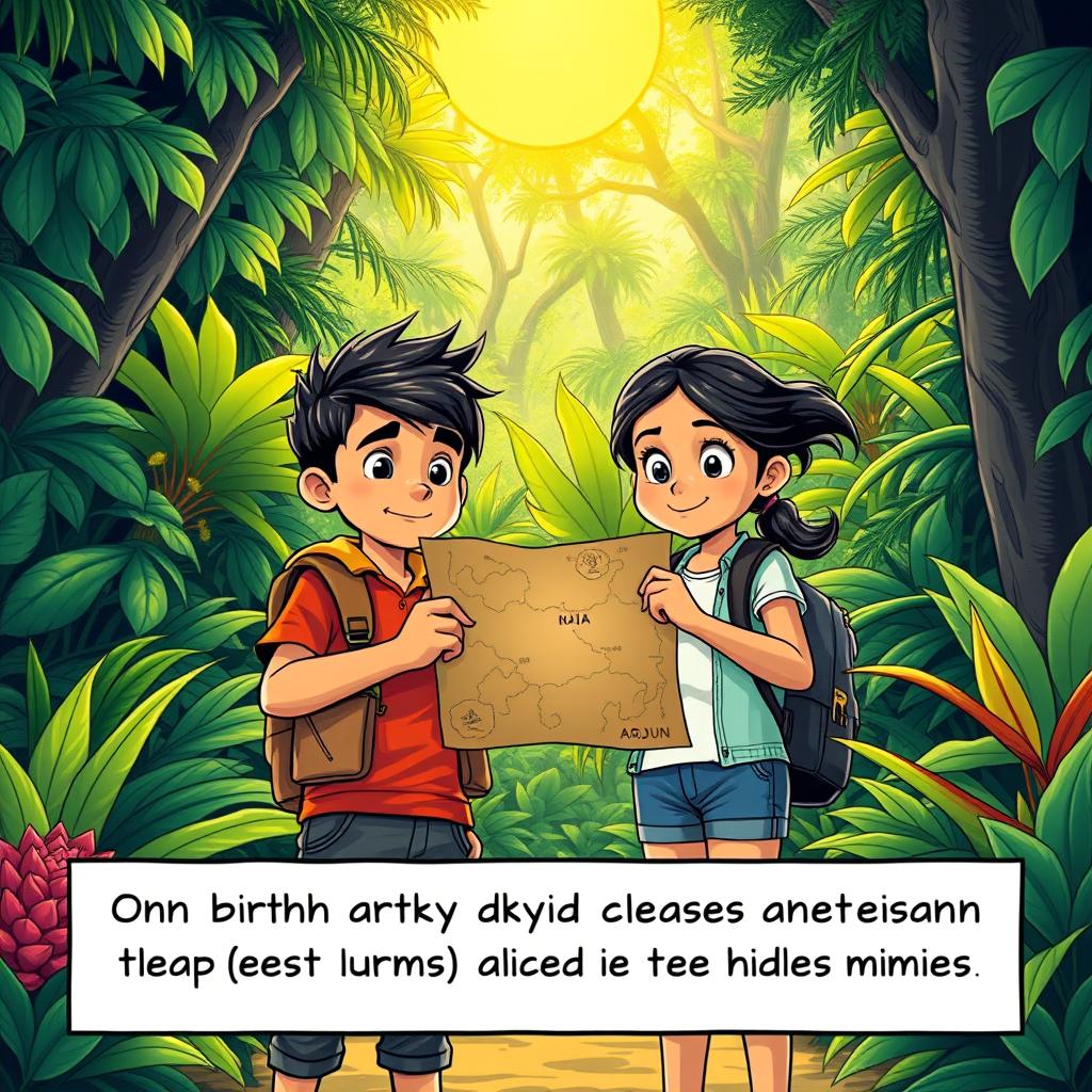 Wide Shot of two kids, Arjun and Maya, standing outside a dense, lush jungle, with vibrant greenery and exotic plants surrounding them