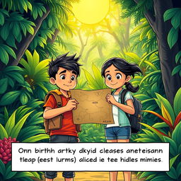 Wide Shot of two kids, Arjun and Maya, standing outside a dense, lush jungle, with vibrant greenery and exotic plants surrounding them