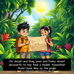 Wide Shot of two kids, Arjun and Maya, standing outside a dense, lush jungle, with vibrant greenery and exotic plants surrounding them