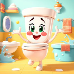 A whimsical and colorful character designed as a humanoid toilet, sporting quirky facial expressions and dynamic poses