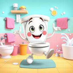 A whimsical and colorful character designed as a humanoid toilet, sporting quirky facial expressions and dynamic poses