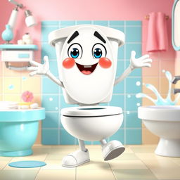 A whimsical and colorful character designed as a humanoid toilet, sporting quirky facial expressions and dynamic poses
