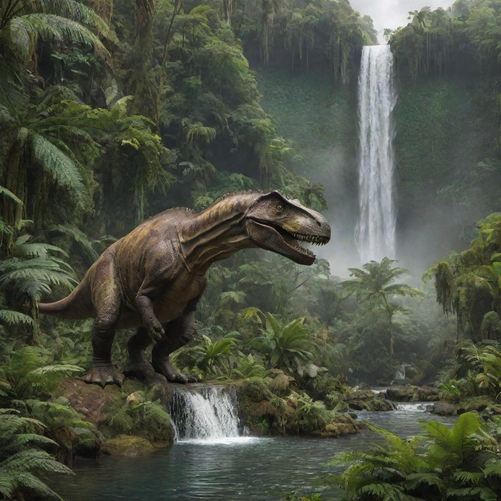 A world filled with majestic dinosaurs of all shapes and sizes, nestled within a lush, prehistoric jungle marked by towering ferns and cascading waterfalls.