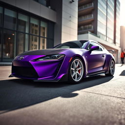 A stunning Toyota Celica GTS depicted in matte purple finish, featuring a sleek black carbon fiber hood that enhances its sporty aesthetic