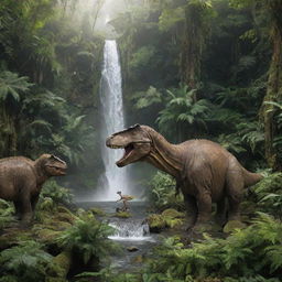 A world filled with majestic dinosaurs of all shapes and sizes, nestled within a lush, prehistoric jungle marked by towering ferns and cascading waterfalls.