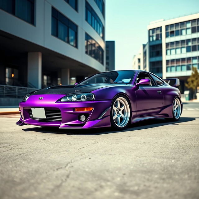 A stunning Toyota Celica GTS depicted in matte purple finish, featuring a sleek black carbon fiber hood that enhances its sporty aesthetic