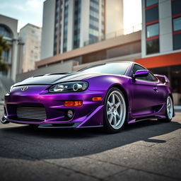 A stunning Toyota Celica GTS depicted in matte purple finish, featuring a sleek black carbon fiber hood that enhances its sporty aesthetic