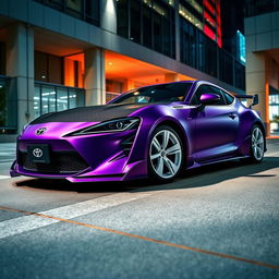 A stunning Toyota Celica GTS depicted in matte purple finish, featuring a sleek black carbon fiber hood that enhances its sporty aesthetic