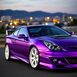 A striking 2001 Toyota Celica GTS depicted in a captivating matte purple finish, showcasing a sleek black carbon fiber hood that adds a touch of modernity to its classic design