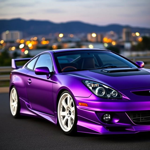 A striking 2001 Toyota Celica GTS depicted in a captivating matte purple finish, showcasing a sleek black carbon fiber hood that adds a touch of modernity to its classic design