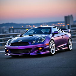 A striking 2001 Toyota Celica GTS depicted in a captivating matte purple finish, showcasing a sleek black carbon fiber hood that adds a touch of modernity to its classic design