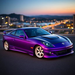A striking 2001 Toyota Celica GTS depicted in a captivating matte purple finish, showcasing a sleek black carbon fiber hood that adds a touch of modernity to its classic design