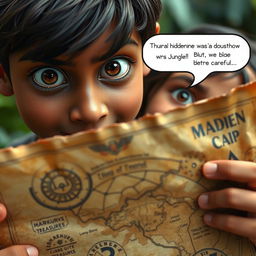 Close-up of Arjun holding an old, weathered map, with intricate details and faded edges, showcasing treasure markings and mysterious symbols