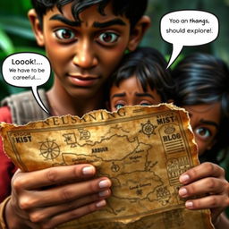 Close-up of Arjun holding an old, weathered map, with intricate details and faded edges, showcasing treasure markings and mysterious symbols