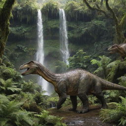 A world filled with majestic dinosaurs of all shapes and sizes, nestled within a lush, prehistoric jungle marked by towering ferns and cascading waterfalls.