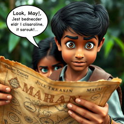 Close-up of Arjun holding an old, weathered map, with intricate details and faded edges, showcasing treasure markings and mysterious symbols