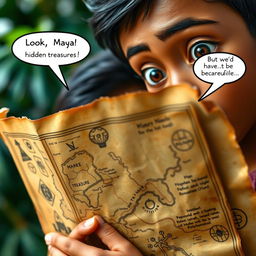 Close-up of Arjun holding an old, weathered map, with intricate details and faded edges, showcasing treasure markings and mysterious symbols