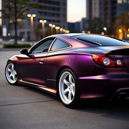 A striking 2001 Toyota Celica GTS designed in a deep matte dark purple finish, featuring an eye-catching black carbon fiber hood that enhances its sleek and sporty profile
