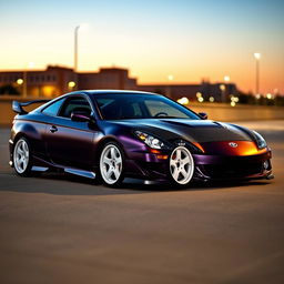 A striking 2001 Toyota Celica GTS designed in a deep matte dark purple finish, featuring an eye-catching black carbon fiber hood that enhances its sleek and sporty profile