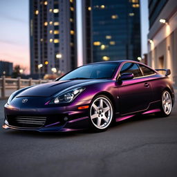 A striking 2001 Toyota Celica GTS designed in a deep matte dark purple finish, featuring an eye-catching black carbon fiber hood that enhances its sleek and sporty profile