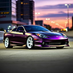 A striking 2001 Toyota Celica GTS designed in a deep matte dark purple finish, featuring an eye-catching black carbon fiber hood that enhances its sleek and sporty profile