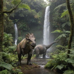 A world filled with majestic dinosaurs of all shapes and sizes, nestled within a lush, prehistoric jungle marked by towering ferns and cascading waterfalls.