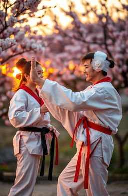 A romantic scene between two Taekwondo practitioners at sunset, demonstrating their love and connection through martial arts