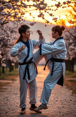 A romantic scene between two Taekwondo practitioners at sunset, demonstrating their love and connection through martial arts