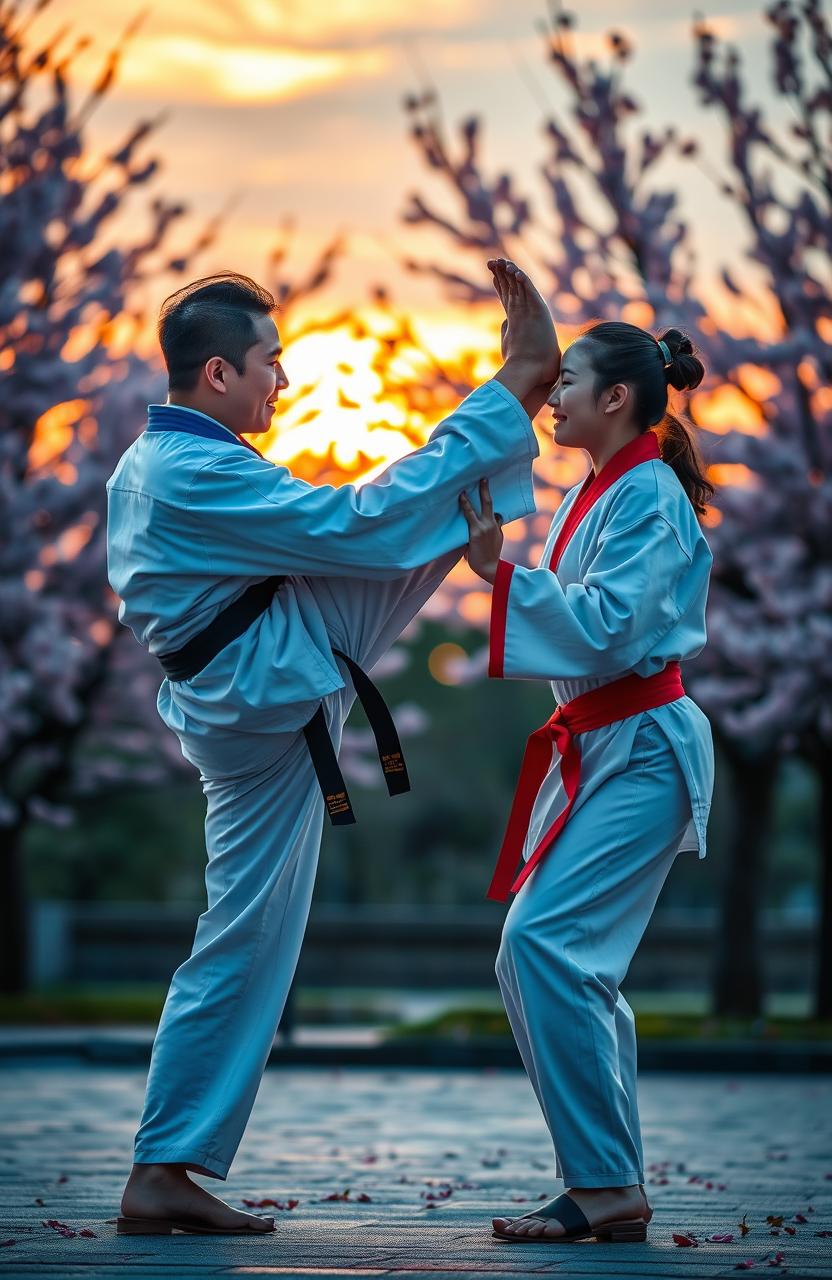 A romantic scene between two Taekwondo practitioners at sunset, demonstrating their love and connection through martial arts