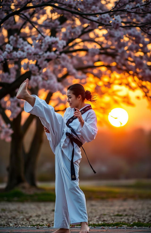 A romantic scene between two Taekwondo practitioners at sunset, demonstrating their love and connection through martial arts