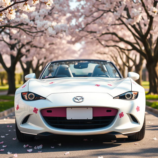 A cute Mazda MX-5 designed in a charming combination of bright white and soft pink colors, featuring whimsical cherry blossom stickers adorning its exterior