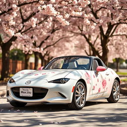 A cute Mazda MX-5 designed in a charming combination of bright white and soft pink colors, featuring whimsical cherry blossom stickers adorning its exterior