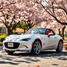 A cute Mazda MX-5 designed in a charming combination of bright white and soft pink colors, featuring whimsical cherry blossom stickers adorning its exterior