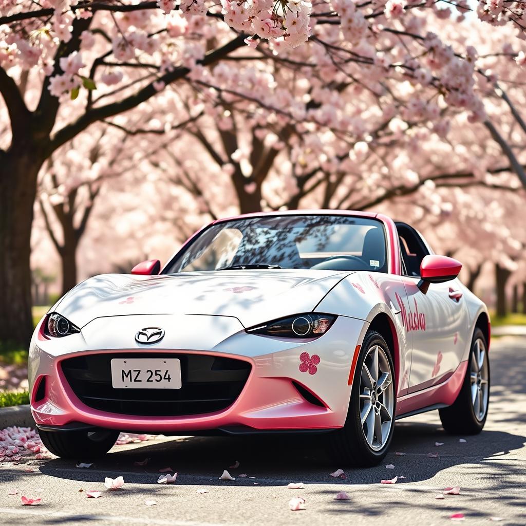 A cute Mazda MX-5 designed in a charming combination of bright white and soft pink colors, featuring whimsical cherry blossom stickers adorning its exterior