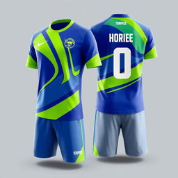 A modern and stylish futsal jersey design featuring vibrant colors such as electric blue and lime green