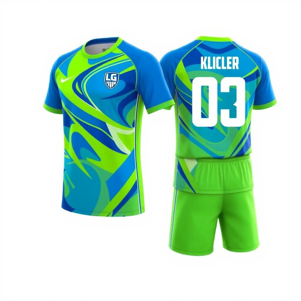 A modern and stylish futsal jersey design featuring vibrant colors such as electric blue and lime green