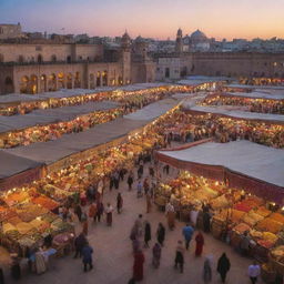 An enchanting eastern marketplace, or 'bazaar', bustling with activity. Vendors display vibrant arrays of spices, textiles, and handicrafts, while patrons peruse the goods under a radiant sky at sunset. Layers of color and detail embody the exotic vitality of the marketplace.