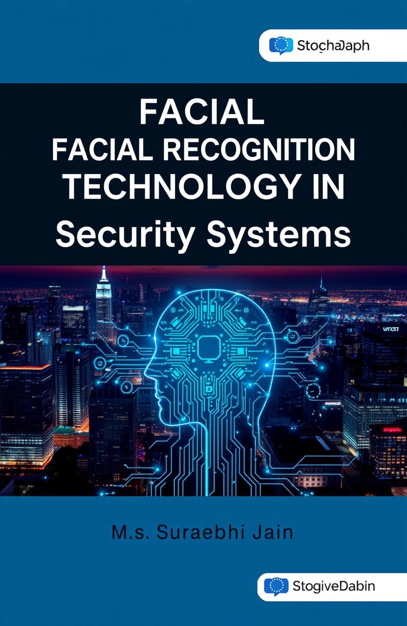 A detailed book cover design for a technical book titled "Facial Recognition Technology in Security Systems" written by Ms