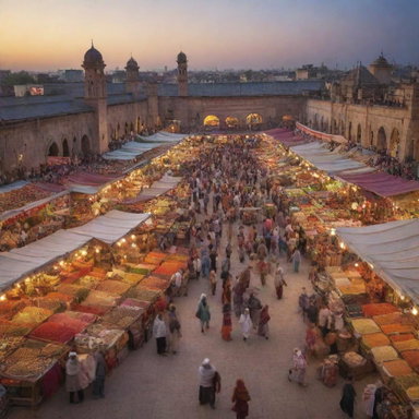 An enchanting eastern marketplace, or 'bazaar', bustling with activity. Vendors display vibrant arrays of spices, textiles, and handicrafts, while patrons peruse the goods under a radiant sky at sunset. Layers of color and detail embody the exotic vitality of the marketplace.