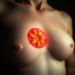 Une image rapprochée d'un sein avec une représentation détaillée des cellules cancéreuses, montrant les textures et les couleurs complexes des tissus affectés par le cancer du sein