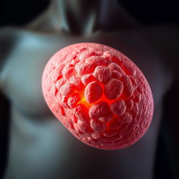 Une image rapprochée d'un sein avec une représentation détaillée des cellules cancéreuses, montrant les textures et les couleurs complexes des tissus affectés par le cancer du sein