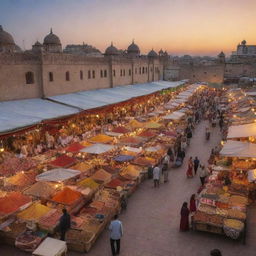 An enchanting eastern marketplace, or 'bazaar', bustling with activity. Vendors display vibrant arrays of spices, textiles, and handicrafts, while patrons peruse the goods under a radiant sky at sunset. Layers of color and detail embody the exotic vitality of the marketplace.