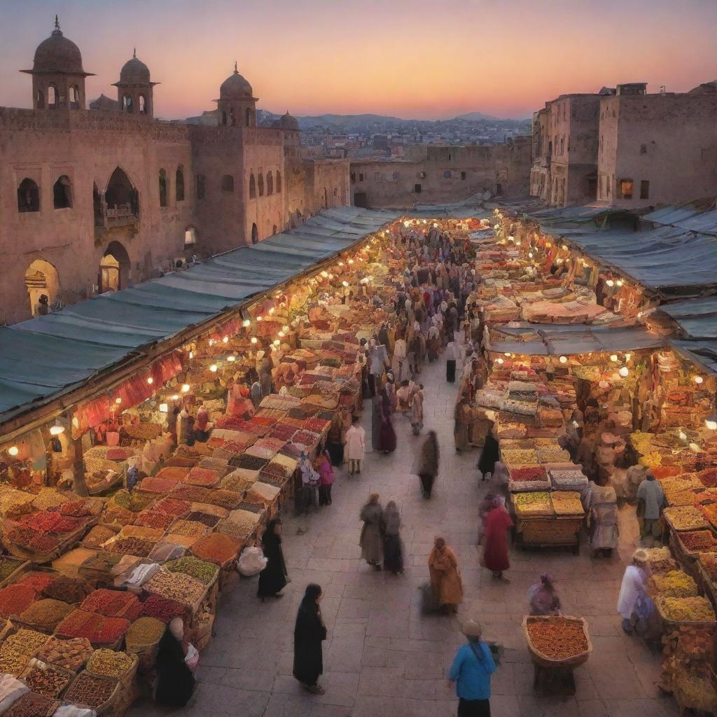 An enchanting eastern marketplace, or 'bazaar', bustling with activity. Vendors display vibrant arrays of spices, textiles, and handicrafts, while patrons peruse the goods under a radiant sky at sunset. Layers of color and detail embody the exotic vitality of the marketplace.