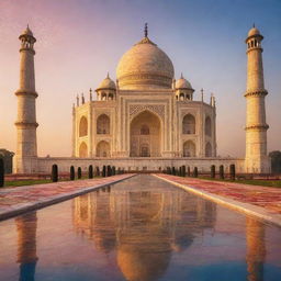 A surreal interpretation of the Taj Mahal at sunset. The monument is bathed in sparkling golden light, with a riot of colorful patterns dancing across the marble surface. The surrounding landscape is bathed in vivid hues, reflecting the unreal atmosphere.