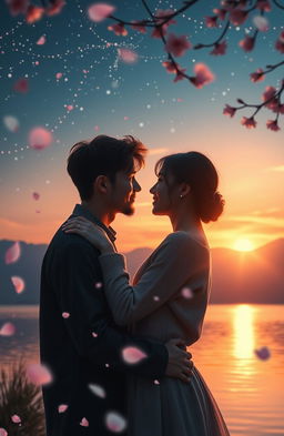 A romantic cinematic trailer scene featuring a young couple embracing under a starry night sky, surrounded by soft glowing fairy lights and gentle cherry blossom petals falling around them