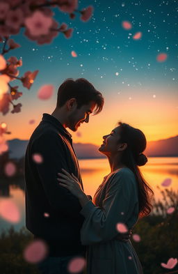 A romantic cinematic trailer scene featuring a young couple embracing under a starry night sky, surrounded by soft glowing fairy lights and gentle cherry blossom petals falling around them