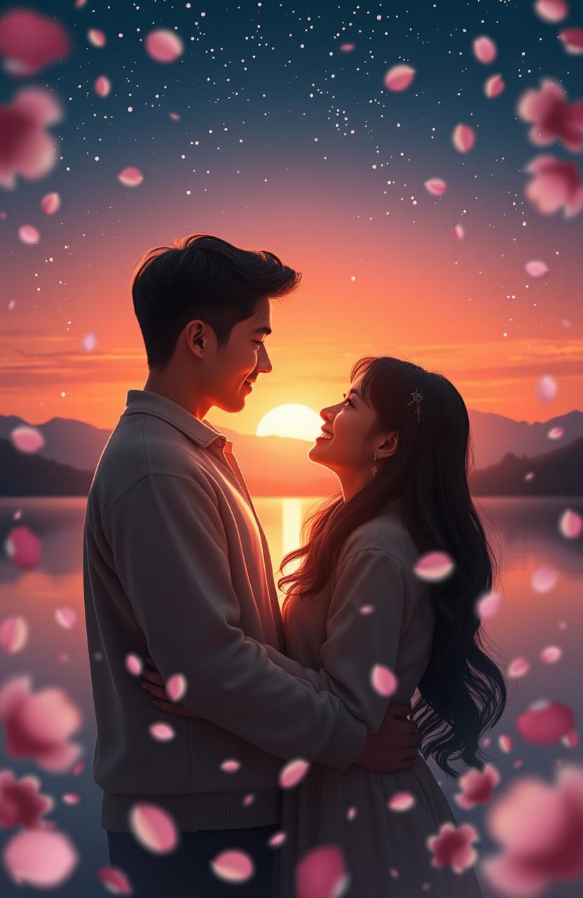 A romantic cinematic trailer scene featuring a young couple embracing under a starry night sky, surrounded by soft glowing fairy lights and gentle cherry blossom petals falling around them