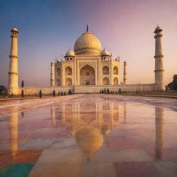 A surreal interpretation of the Taj Mahal at sunset. The monument is bathed in sparkling golden light, with a riot of colorful patterns dancing across the marble surface. The surrounding landscape is bathed in vivid hues, reflecting the unreal atmosphere.